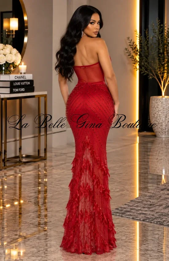 Rhinestone Corset Fringe Maxi Gown