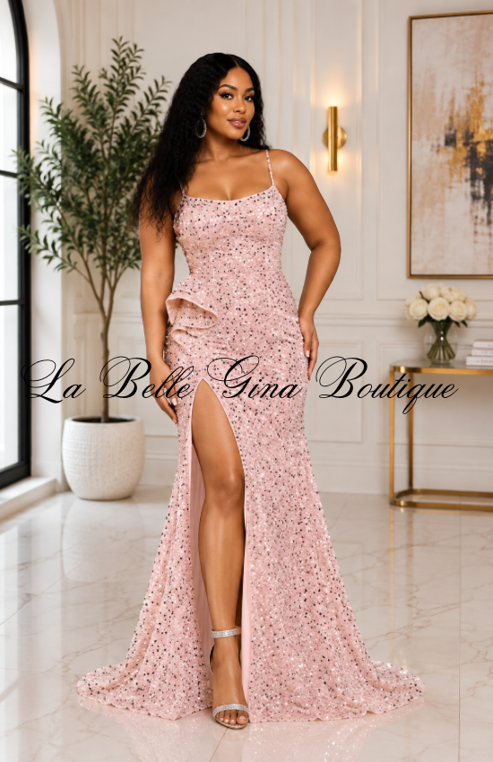 Blue Sequin Gown with High Slit – Elegant Evening Prom Dress