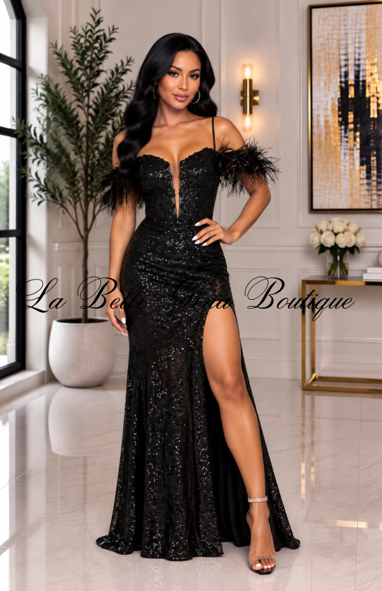 Feather Sequin Off-Shoulder Evening Gown – Luxury Prom & Party Dress