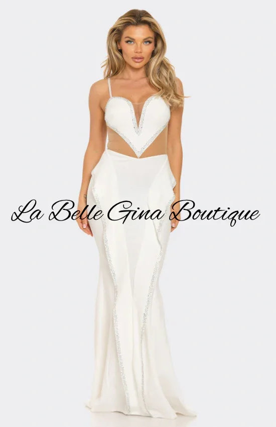 Elegant Black & White Crystal Embellished Sheer Cutout Gown – Luxury Evening Dress