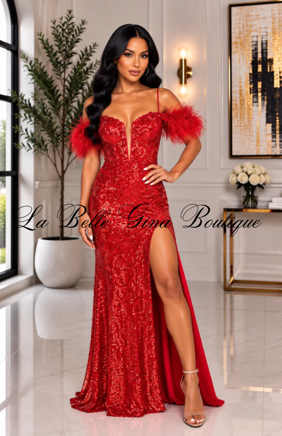 Feather Sequin Off-Shoulder Evening Gown – Luxury Prom & Party Dress