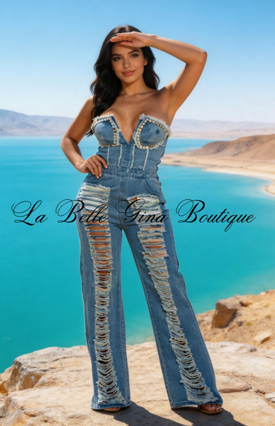 Denim Diva Distressed Corset Jumpsuit – Strapless Wide-Leg Rhinestone Jean Jumpsuit