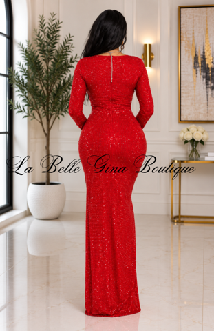 Midnight Allure Rhinestone Ruched Maxi Dress – Long Sleeve Deep V-Neck High-Slit Gown