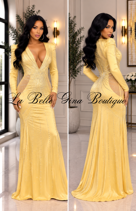 Satin Long Sleeves Rhinestone Deep V-Neck Maxi Dress