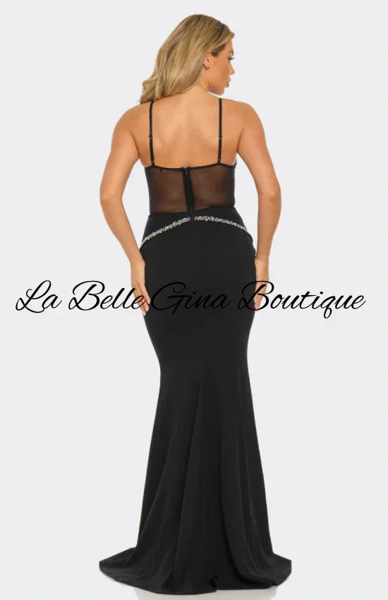 Elegant Black & White Crystal Embellished Sheer Cutout Gown – Luxury Evening Dress