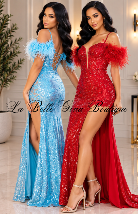 Feather Sequin Off-Shoulder Evening Gown – Luxury Prom & Party Dress