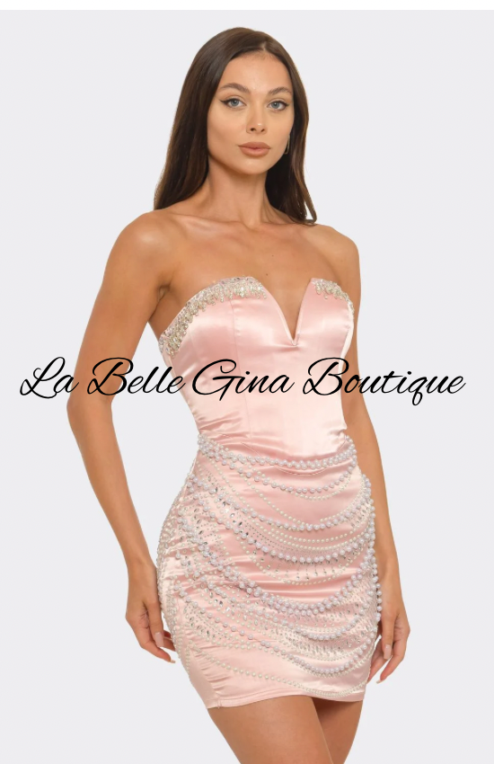 Princess Pearl Glam Mini Dress | Satin Rhinestone Bodycon Dress | La Belle Gina Boutique