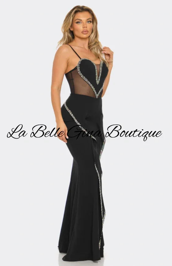Elegant Black & White Crystal Embellished Sheer Cutout Gown – Luxury Evening Dress