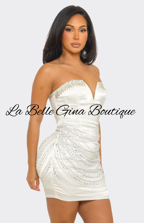 Princess Pearl Glam Mini Dress | Satin Rhinestone Bodycon Dress | La Belle Gina Boutique
