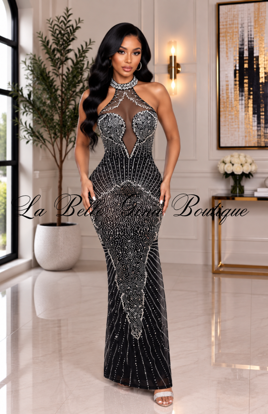 Rhinestone Mesh Corset Maxi Dress – Sparkly Crystal Gown with Sheer Details
