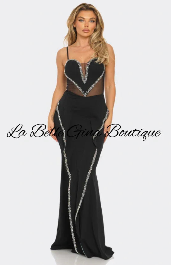 Elegant Black & White Crystal Embellished Sheer Cutout Gown – Luxury Evening Dress
