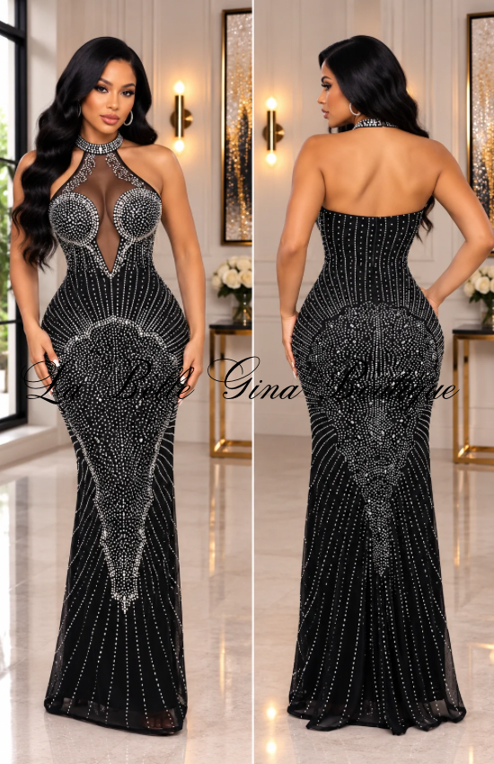 Rhinestone Mesh Corset Maxi Dress – Sparkly Crystal Gown with Sheer Details