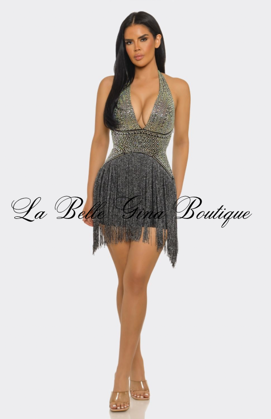 Midnight Glam Rhinestone Fringe Mini Dress – Halter Backless Party Dress