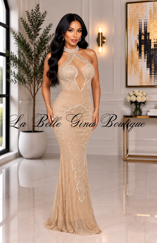 Rhinestone Mesh Corset Maxi Dress – Sparkly Crystal Gown with Sheer Details