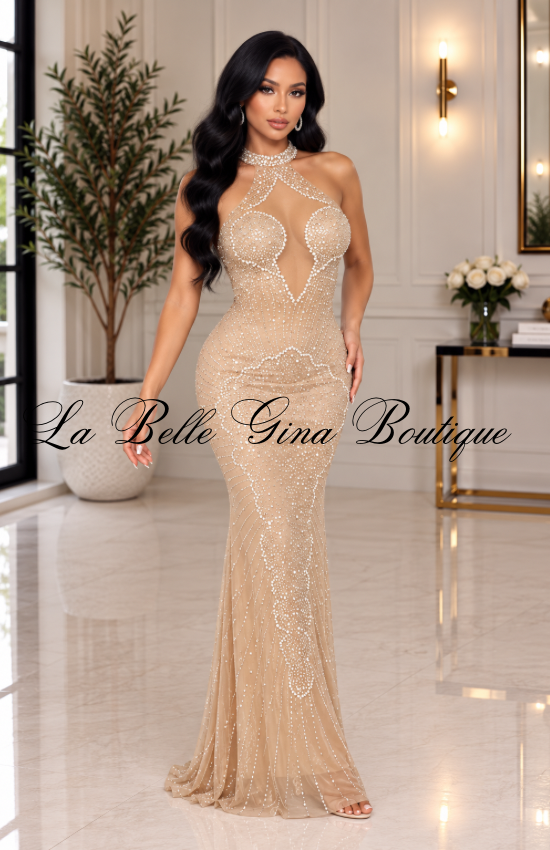 Rhinestone Mesh Corset Maxi Dress – Sparkly Crystal Gown with Sheer Details