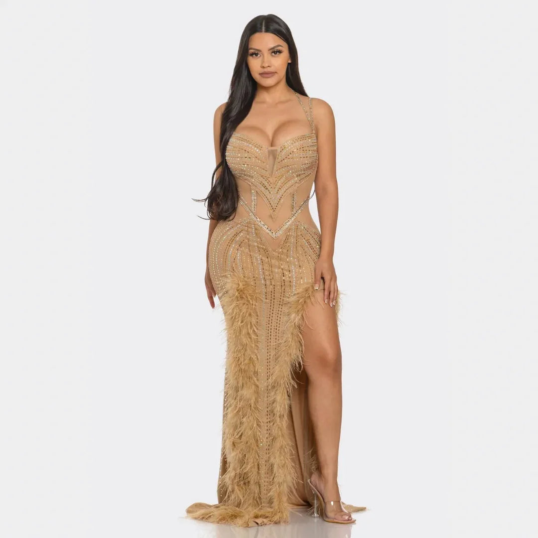 Feather Rhinestone Mesh Cutout Gown – Luxury Evening Maxi Dress
