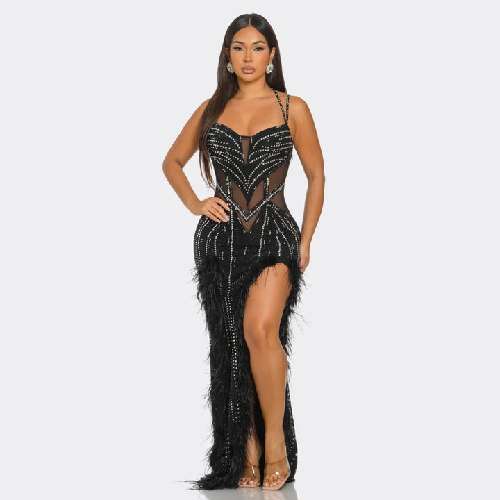 Feather Rhinestone Mesh Cutout Gown – Luxury Evening Maxi Dress