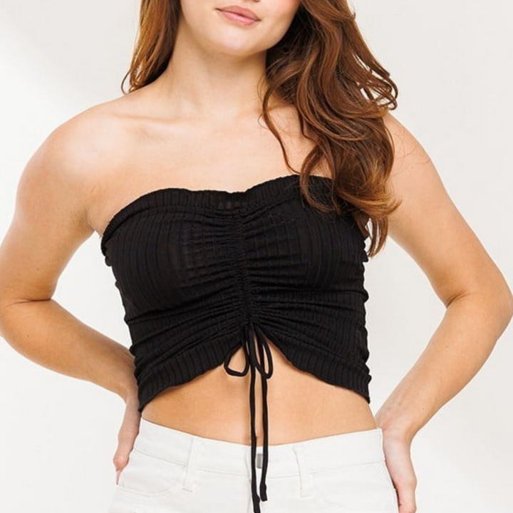 Lia Tube Top Front Crunched Detail Cropped Design.
