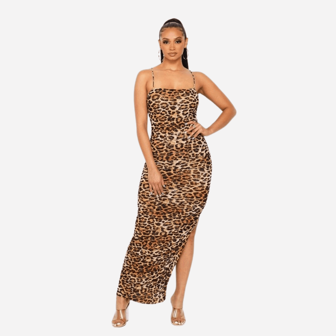 Lala Leopard Printed Sleeveless All-Over Rushed Semi Sheer Maxi dress High Slit One side Leopard / Large