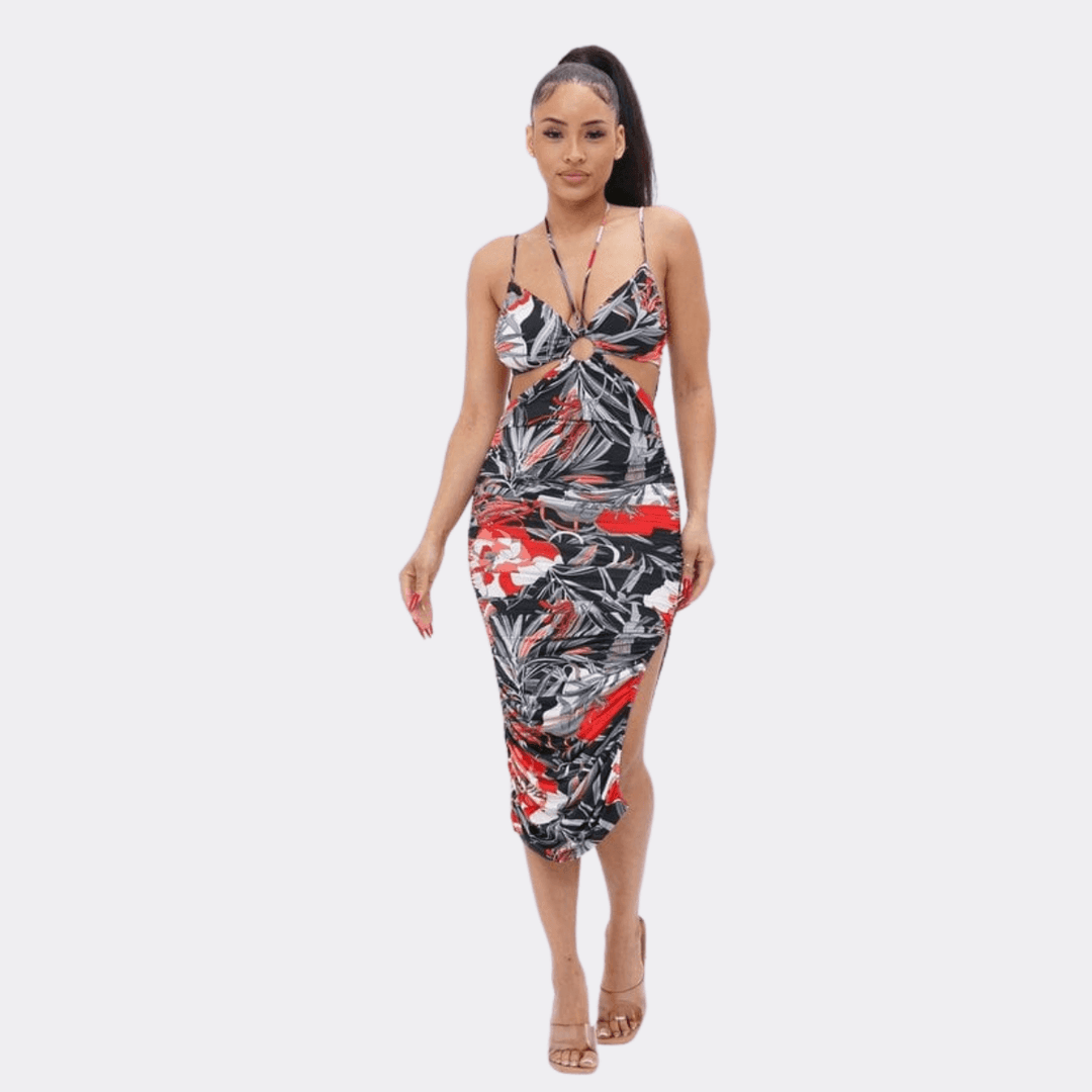 Vava Printed Halter Neck Cut-Out vacation Summer Fall Floral Midi Dress Multi / Medium Vava Printed Halter Neck Cut-Out vacation Summer Fall Floral Midi Dress Multi / Medium