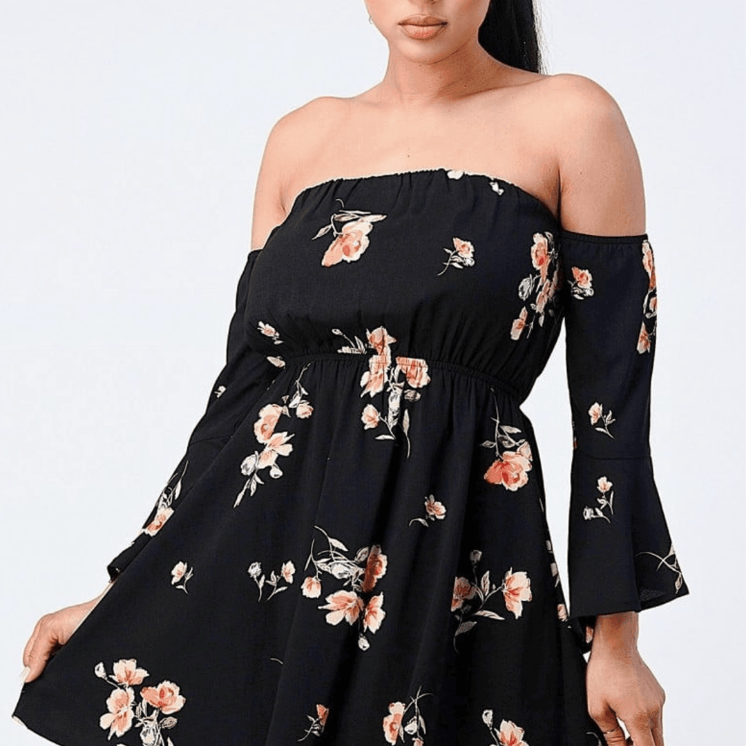 Lina Floral Off Shoulder Bell Sleeve Waist Band Mini Dress Black/Floral / Medium
