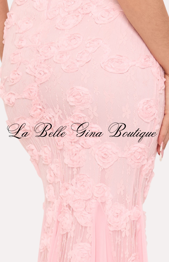 Blushing Rose Lace Mermaid Maxi Dress – Elegant Formal Evening Gown | La Belle Gina Boutique
