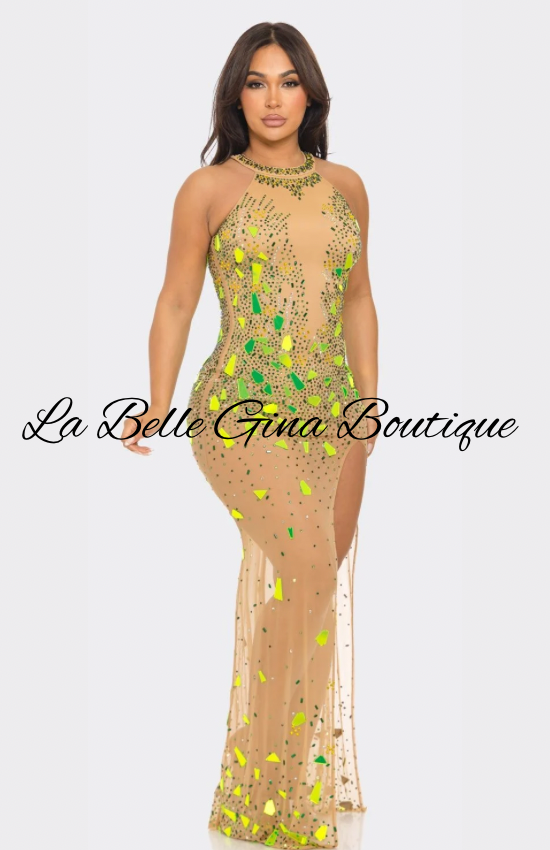 Glam Mirror Shard High Slit Gown – Sparkly Sheer Mesh Maxi Dress | La Belle Gina Boutique
