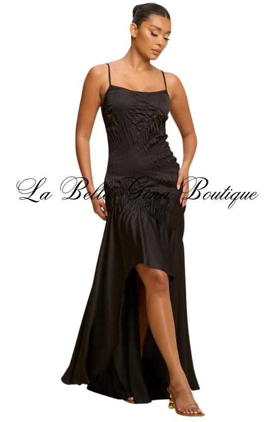 Silk Desire Ruched High-Low Maxi Dress – Elegant Satin Evening Dress | La Belle Gina Boutique