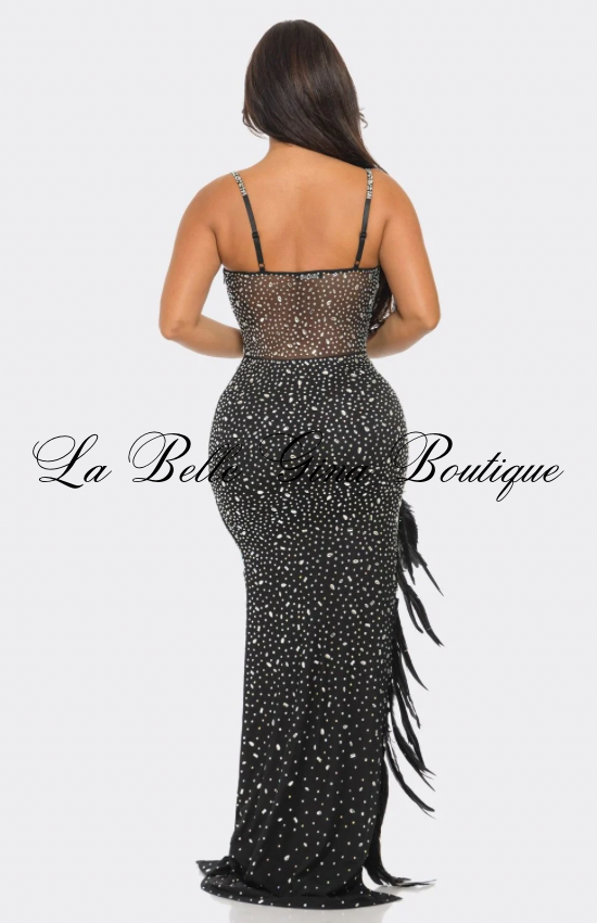 Midnight Luxe Feather Embellished Maxi Dress – Sheer Corset Rhinestone Evening Gown