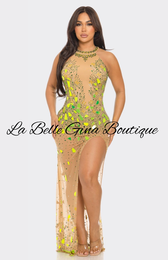 Glam Mirror Shard High Slit Gown – Sparkly Sheer Mesh Maxi Dress | La Belle Gina Boutique