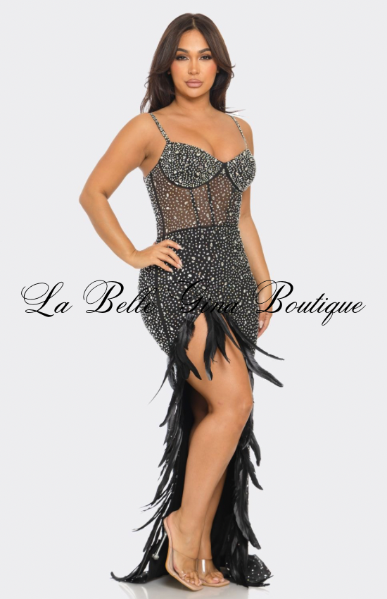 Midnight Luxe Feather Embellished Maxi Dress – Sheer Corset Rhinestone Evening Gown