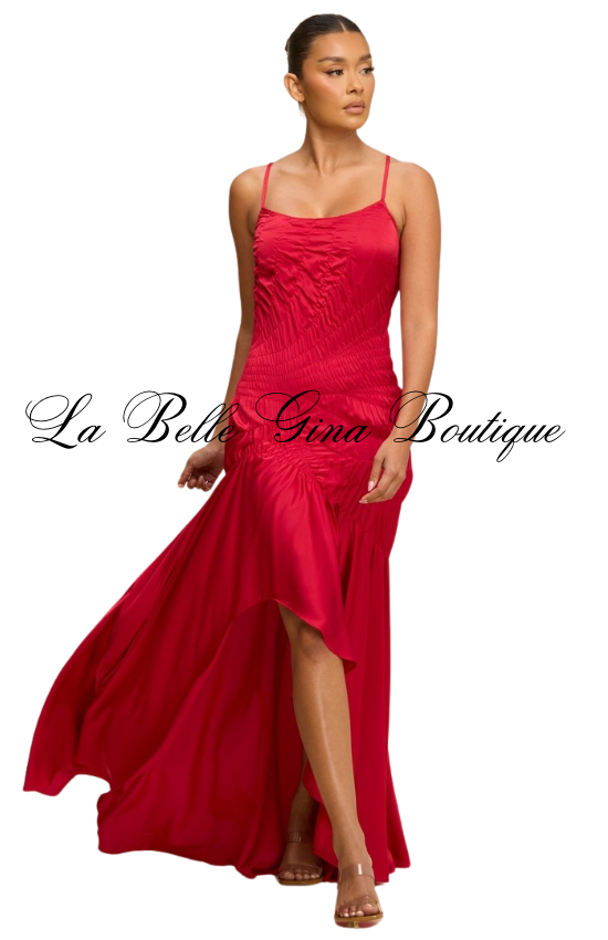 Silk Desire Ruched High-Low Maxi Dress – Elegant Satin Evening Dress | La Belle Gina Boutique