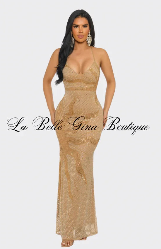 gold rhinestone mermaid dress Gold Rhinestone Mesh Halter Backless Ruched Split Mermaid Dress Gold / 8