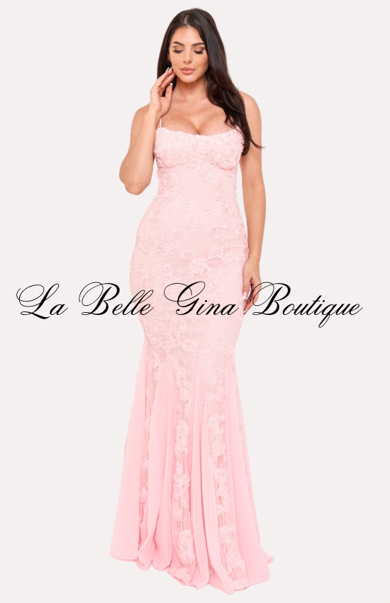 Blushing Rose Lace Mermaid Maxi Dress – Elegant Formal Evening Gown | La Belle Gina Boutique