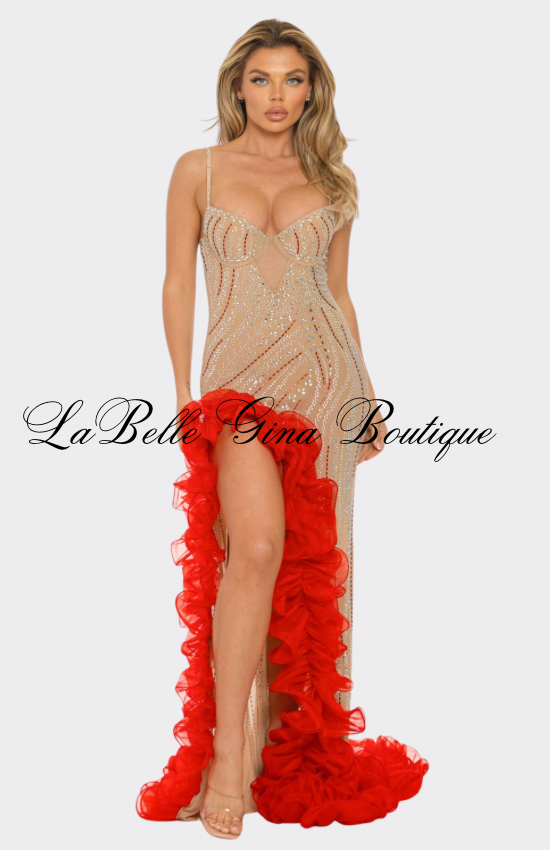 Scarlet Allure Rhinestone Mesh Gown with Red Ruffle Slit – Luxury Evening Dress