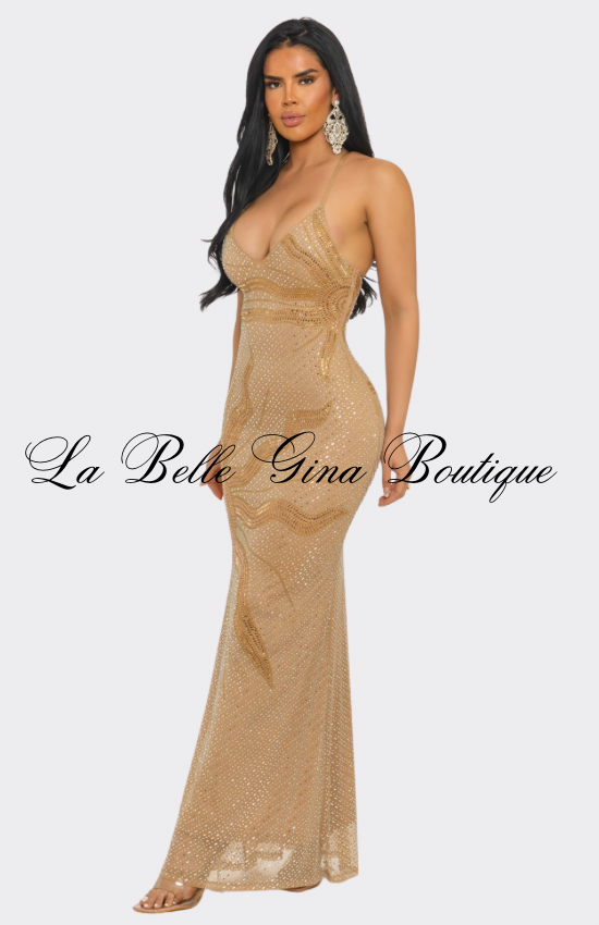 Golden Eclipse Rhinestone Mermaid Maxi Dress – Luxury Bodycon Evening Gown for Women