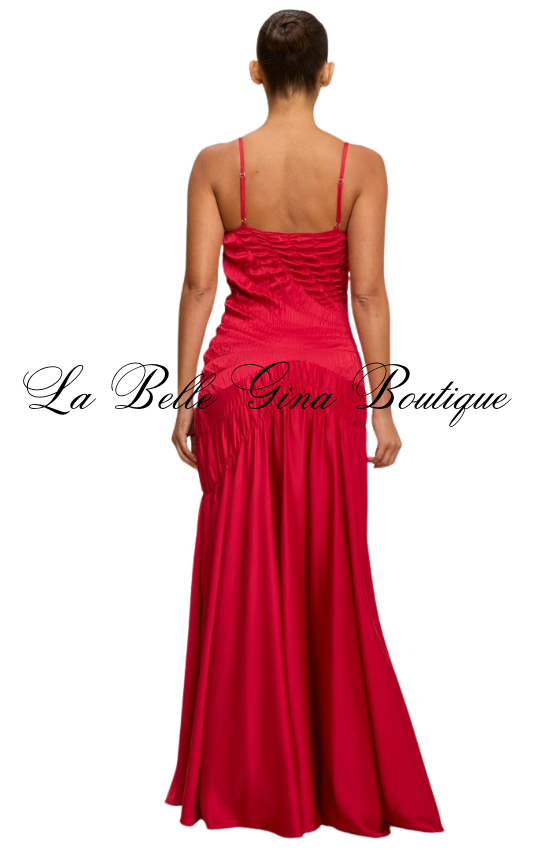 Silk Desire Ruched High-Low Maxi Dress – Elegant Satin Evening Dress | La Belle Gina Boutique