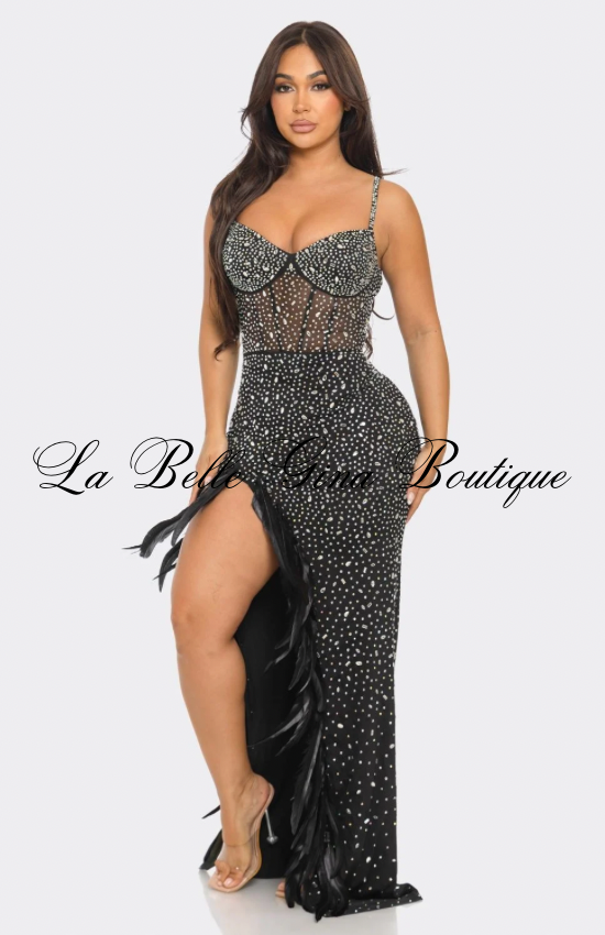 Midnight Luxe Feather Embellished Maxi Dress – Sheer Corset Rhinestone Evening Gown