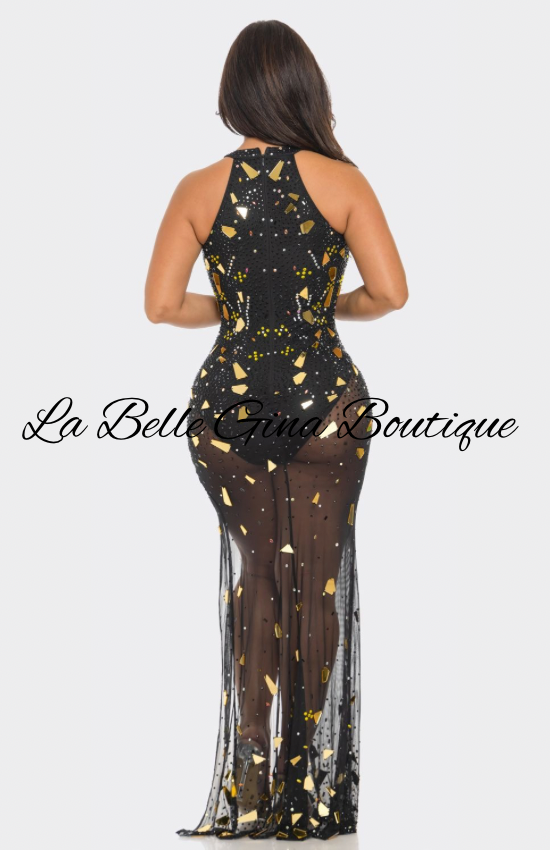 Glam Mirror Shard High Slit Gown – Sparkly Sheer Mesh Maxi Dress | La Belle Gina Boutique
