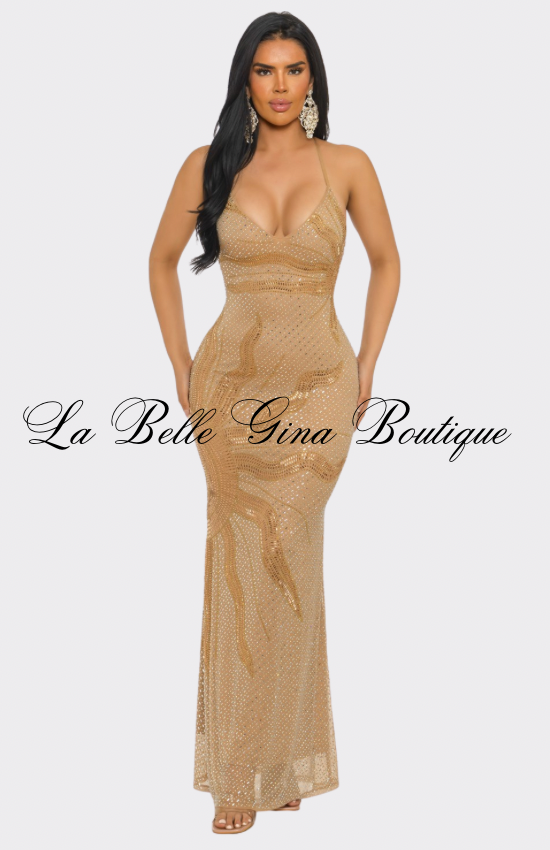 Golden Eclipse Rhinestone Mermaid Maxi Dress – Luxury Bodycon Evening Gown for Women