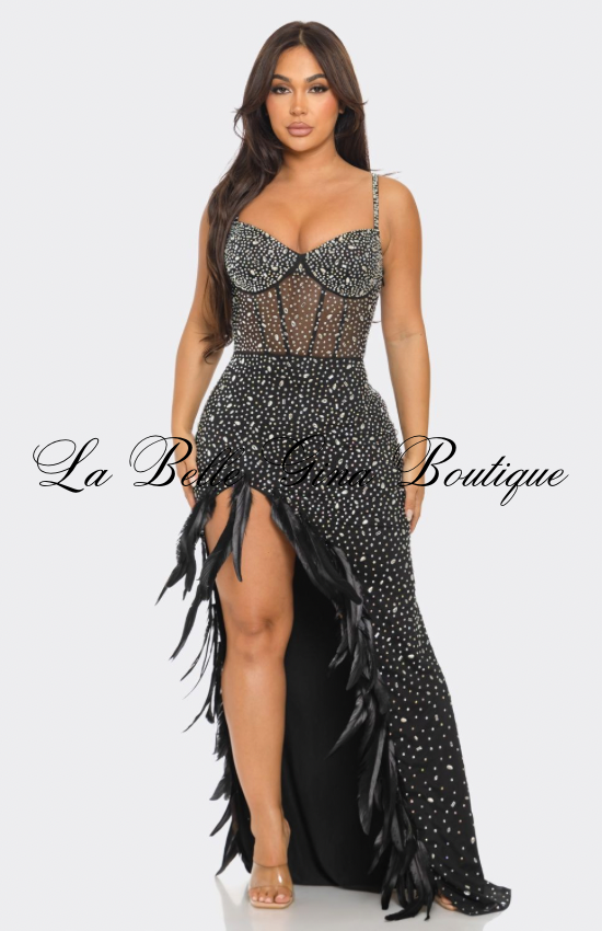 Midnight Luxe Feather Embellished Maxi Dress – Sheer Corset Rhinestone Evening Gown