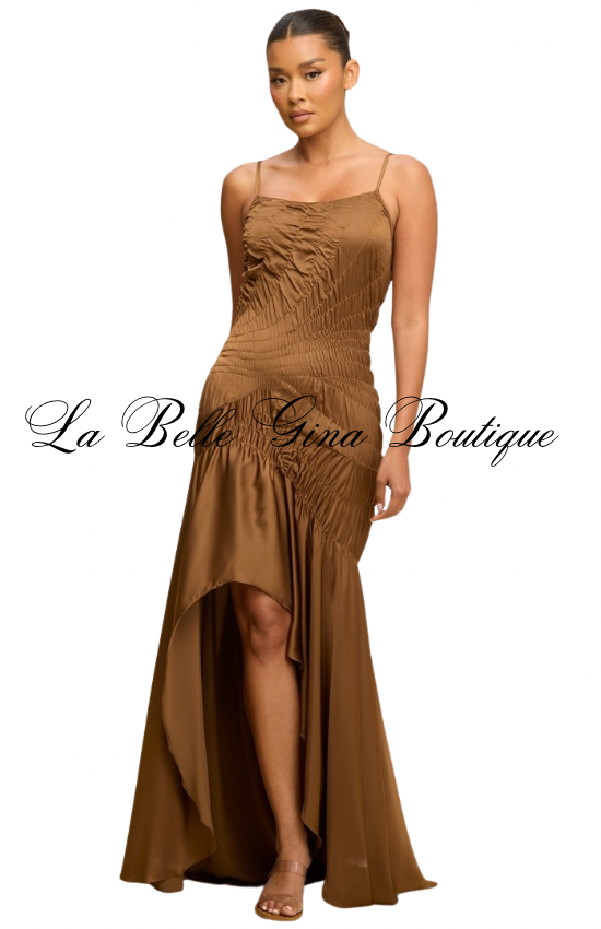 Silk Desire Ruched High-Low Maxi Dress – Elegant Satin Evening Dress | La Belle Gina Boutique