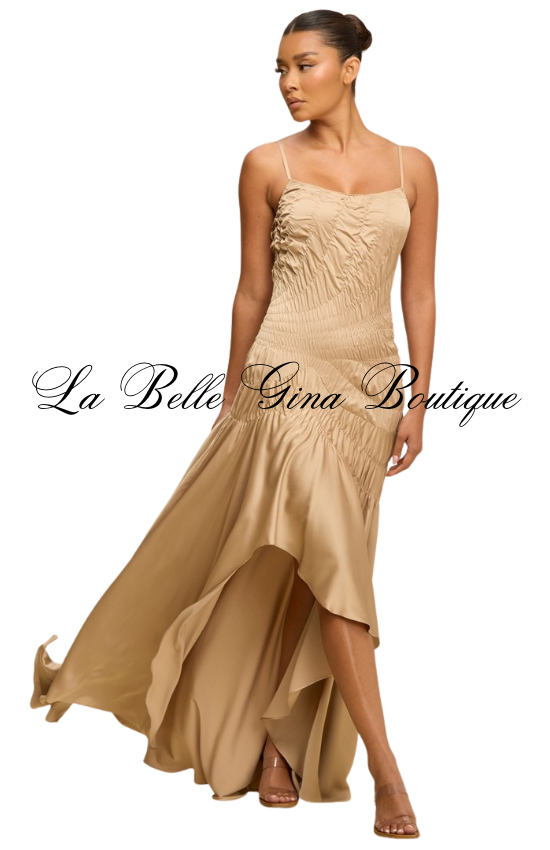 Silk Desire Ruched High-Low Maxi Dress – Elegant Satin Evening Dress | La Belle Gina Boutique