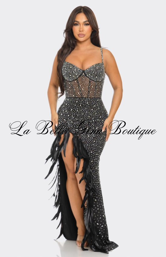 Midnight Luxe Feather Embellished Maxi Dress – Sheer Corset Rhinestone Evening Gown
