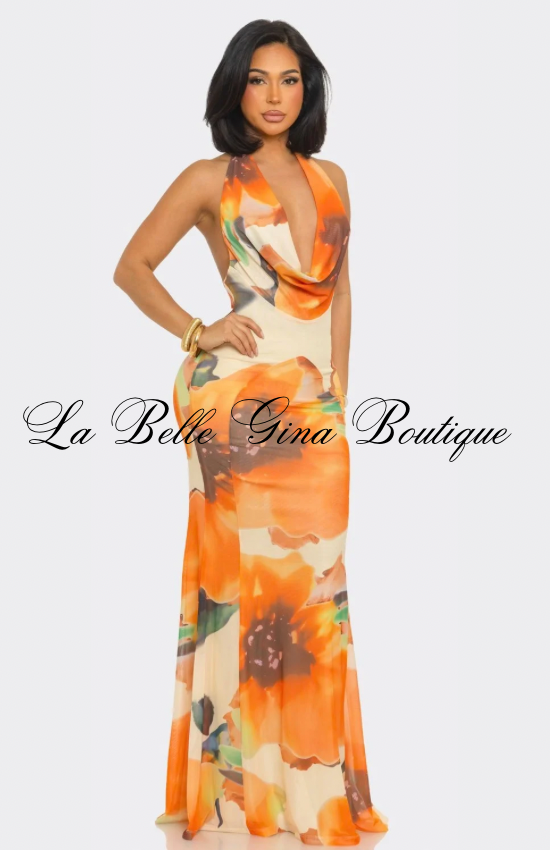 Sunset Muse Halter Cowl Neck Maxi Dress – Colorful Bodycon Evening & Vacation Dress | La Belle Gina Boutique