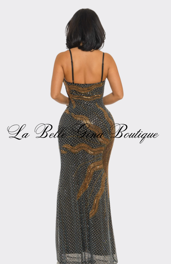 Golden Eclipse Rhinestone Mermaid Maxi Dress – Luxury Bodycon Evening Gown for Women