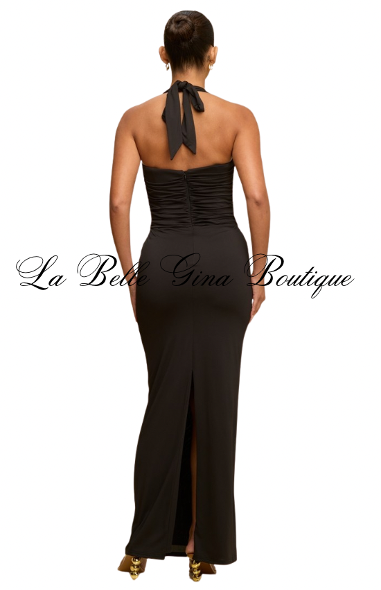 Scarlet Muse Ruched Halter Maxi Dress – Elegant Bodycon Evening Dress | La Belle Gina Boutique