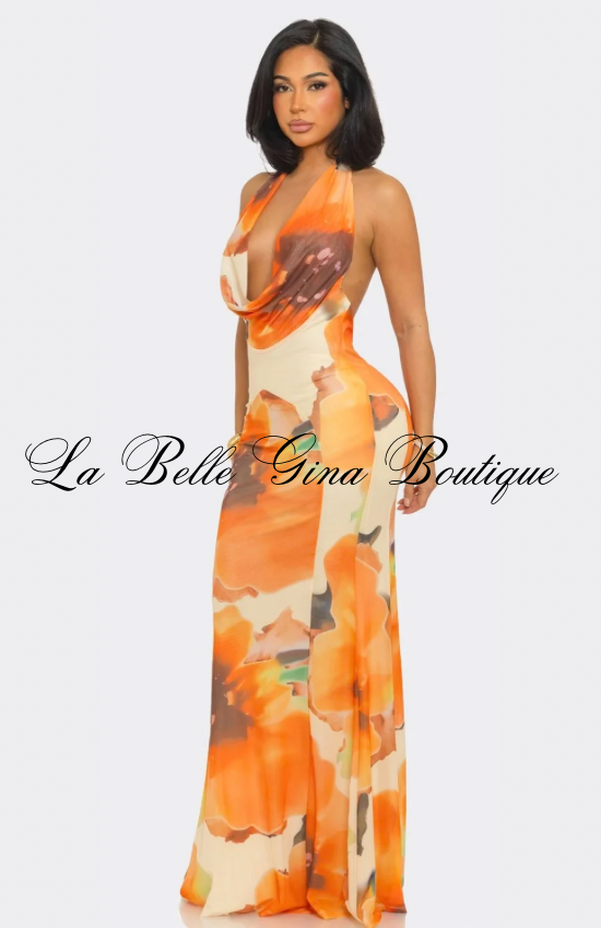 Sunset Muse Halter Cowl Neck Maxi Dress – Colorful Bodycon Evening & Vacation Dress | La Belle Gina Boutique