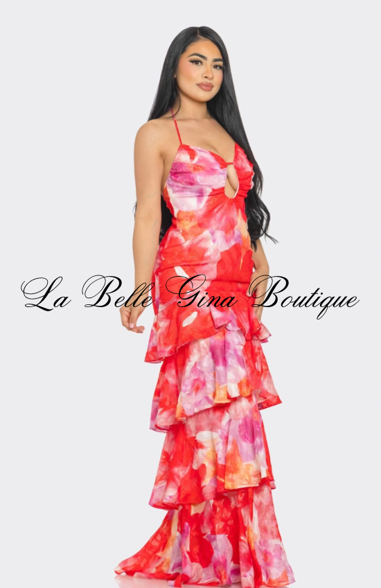 Tropical Desire Tiered Ruffle Maxi Dress – Cutout Halter Summer Dress