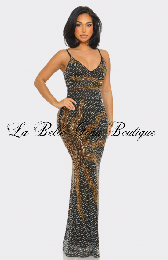 Golden Eclipse Rhinestone Mermaid Maxi Dress – Luxury Bodycon Evening Gown for Women